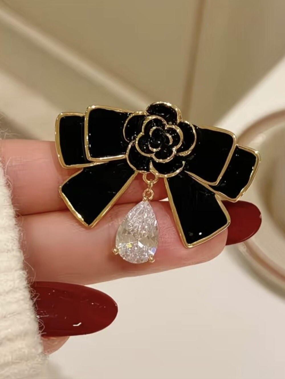 Elegant Black Enamel Bow & Flower with Teardrop Pendant Brooch